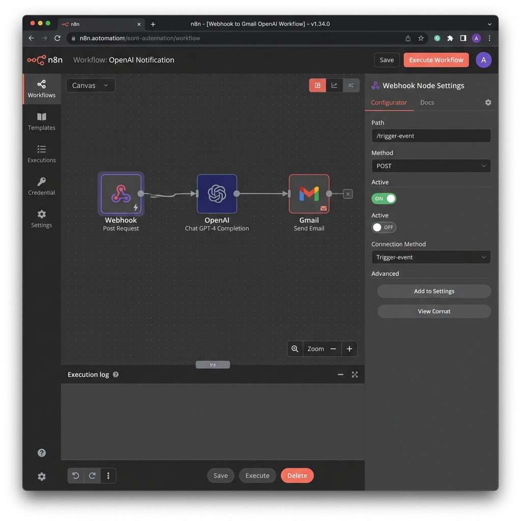 Interface do n8n mostrando um fluxo de automação com Webhook e OpenAI